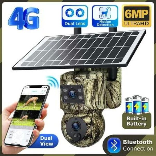 Camouflage 4G Solar Hunting Camera 6 Million Full Colour HD Wireless wifi Solar Surveillance Camera, Dual Lens Dual View, PIR Night Vision, Two-Way Audio