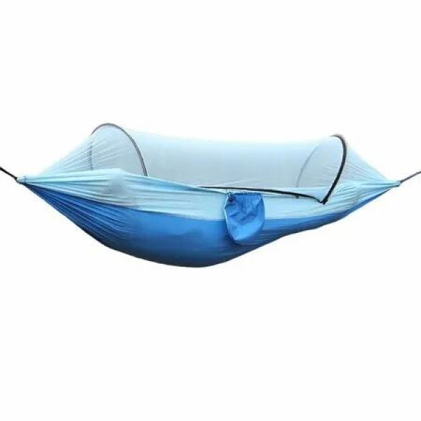 Camping Hammock Outdoor Anti-Rollover Nylon Hammock with Mosquito Net Automatic Quick-Opening Pole Mosquito Net Hammock Hammock(240 * 140cm) Color Blue