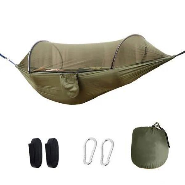 Camping Hammock Outdoor Anti-Rollover Nylon Hammock with Mosquito Net Automatic Quick-Opening Pole Mosquito Net Hammock Hammock(240 * 140cm)Army Green