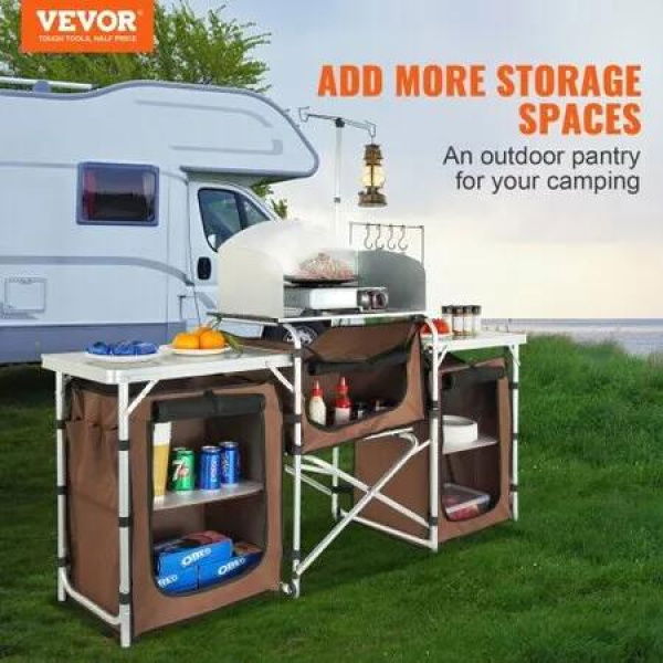 Camping Kitchen Table Folding Outdoor Cooking Table with Storage Carrying Bag Aluminum Cook Station 3 Cupboard & Detachable Windscreen Quick Set-up