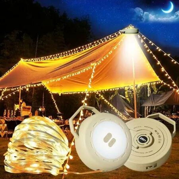 Camping String Lights Reel, Outdoor Portable Stowable String light, 10M Retractable LED Light for Outdoor Decor, 1Pack (Khaki)