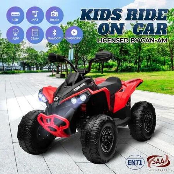 Can-Am Licensed Ride On Car 12V Electric ATV Quad Bike 4 Wheeler 2 Motor Motorised Vehicle Toy with LED MP3 Bluetooth Story Rechargeable Battery Red