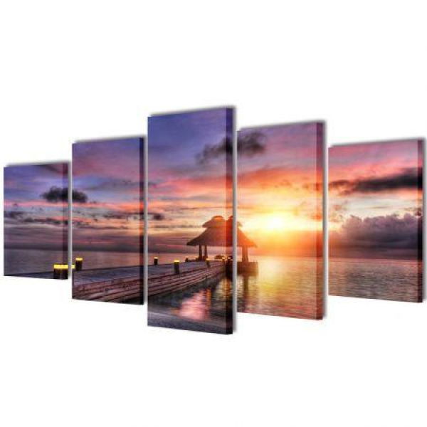 Canvas Wall Print Set Beach With Pavilion 200 X 100 Cm