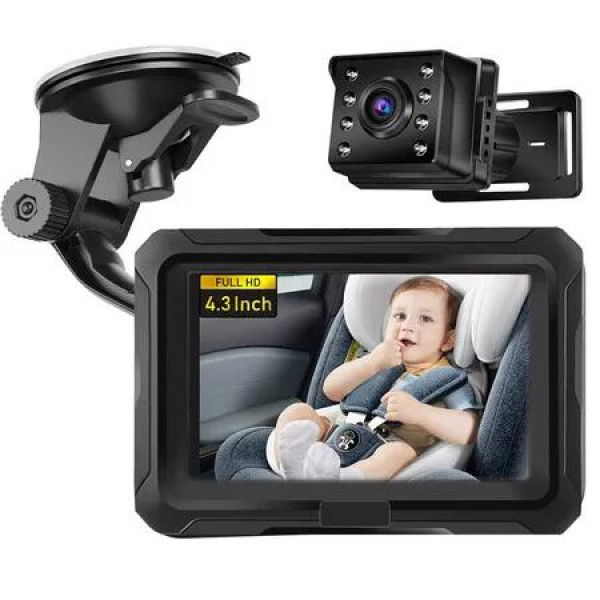 Car Baby Monitor, Surveillance Monitor, 4.3 Inch Camera Monitor Set, 360 Degree Rotation, Wide View, 1080P Infrared Night Vision Surveillance Camera, Stroller Mirror, Safe, Rear Facing, Baby