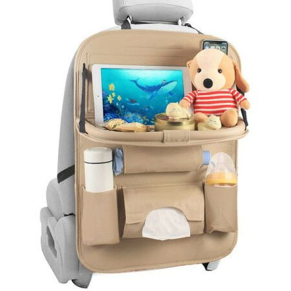 Car Backseat Organizer With Tablet Holder PU Leather With Foldable Table Tray Car Seat Back Protectors Kick Mats Travel Accessories- Beige 1Pc