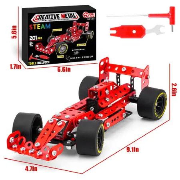 Car Building Kits 201Pieces Building Cars Metal Erector Set Racing Car Building Kits Assembly Red Vehicle Kids Boys Chirstmas Birthday Gift