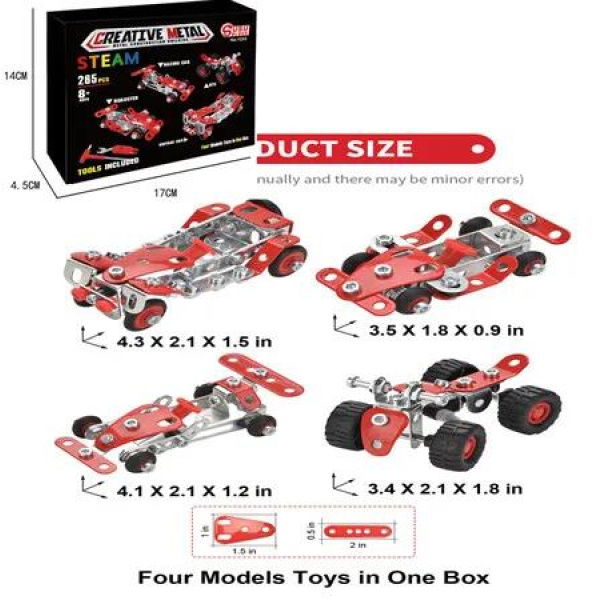 Car Building Kits 265Pieces Building Cars Metal Erector Set Racing Car Building Kits Assembly Red Vehicle Kids Boys Chirstmas Birthday Gift