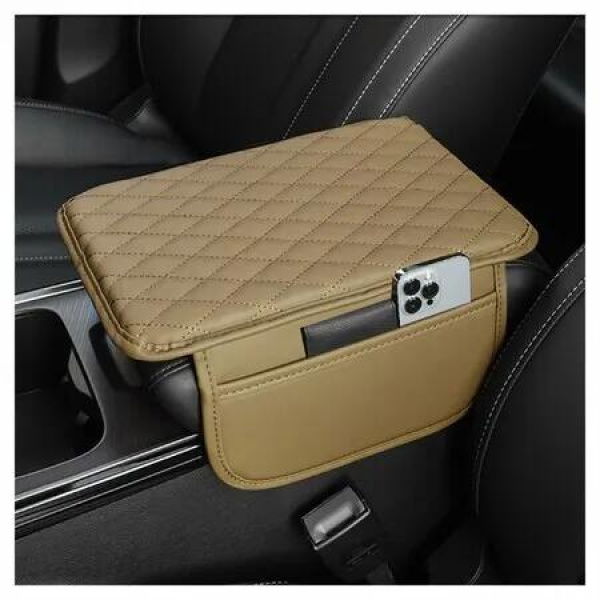 Car Center Console Cover,Microfiber Leather Car Armrest Cover Cushion with 2 Storage Bags,Car Armrest Storage Box Car Interior Accessories (Beige)