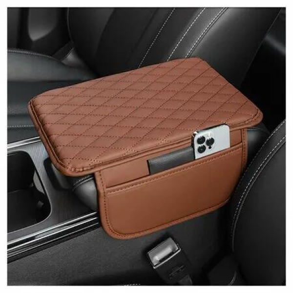 Car Center Console Cover,Microfiber Leather Car Armrest Cover Cushion with 2 Storage Bags,Car Armrest Storage Box Car Interior Accessories (Brown)