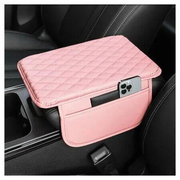 Car Center Console Cover,Microfiber Leather Car Armrest Cover Cushion with 2 Storage Bags,Car Armrest Storage Box Car Interior Accessories (Pink)