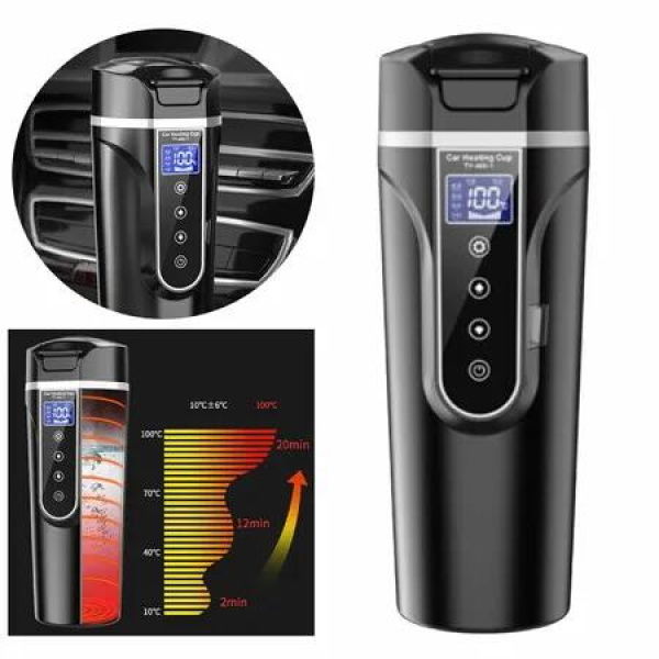 Car Electric Kettle 450ml 12 24V Car Heating Cup Car Stainless Steel LCD Temperature Display Travel Electric Coffee Cup for Tea Coffee Milk