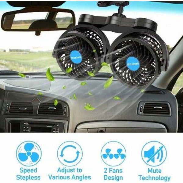 Car Fan 4 Inches Car Clip Fan, Adjustable Dual Head 12v Fan for Front or Rear Seat Passenger for Car Vehicle SUV, RV