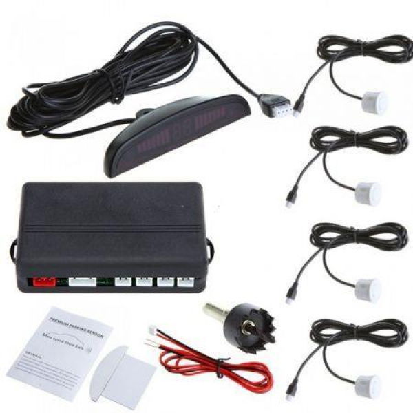 Car LED Parking Reverse Backup Radar System With Backlight Display + 4 Sensors White.