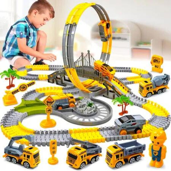 Car Racing Track Construction Site Race Track with Looping Construction Trolley Creative Fun for Small Builders Toy for Boys Girls