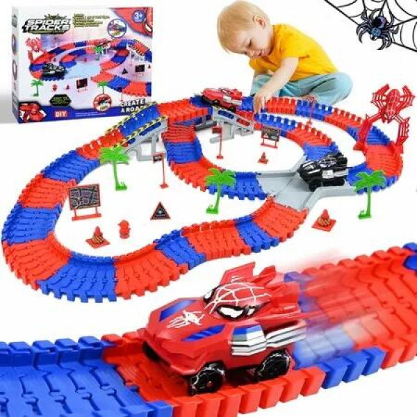 Car Racing Track Toy Spide Railcar Highway Toy with 2 Cars 208 Pieces Flexible 360 Degree Looping Car Racing Track Gift for Boys 3+ Years Old
