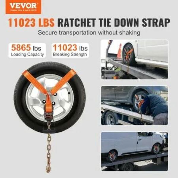 Car Tie Down with Chain Anchors, Lasso Style 2'Ã—120' Tire Straps, 5865 LBS Working Load, 11023 LBS Breaking Strength, with Heavy Duty Ratchets for Passenger Car, ATV, SUV, UTV, Truck, 4-Pack