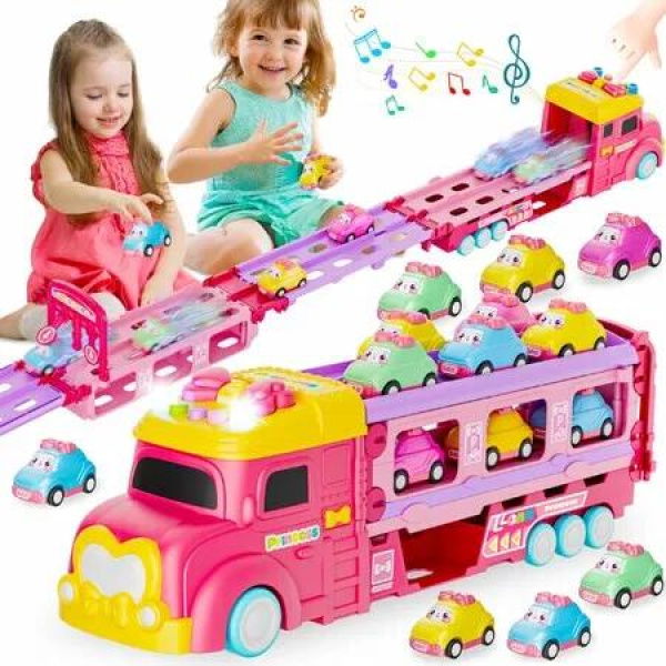 Car Toys Foldable Track & 2 Player Race Mode Game,Light,Sound Push Transport Carrier Truck with 6 Princess Car Gift for Kids