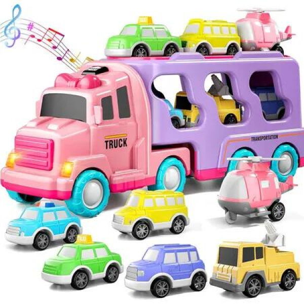 Car Truck Toys, 7-in-1 Carrier Truck Toddler Girl Bus Toys, Friction Power Toy Cars with Light and Sound, 3+ Year Old Girls Birthday Toys