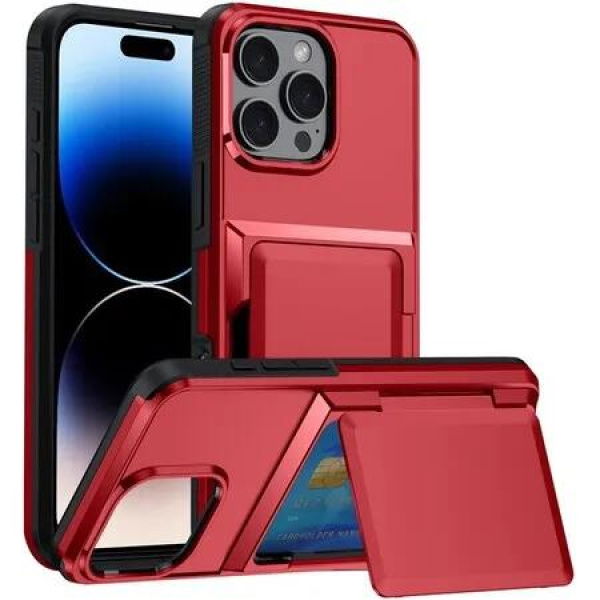 Card Holder Case for iPhone 15 with Heavy Duty Protective Dual Layer Shockproof Wallet Case,with Hidden Card Slot Color Red