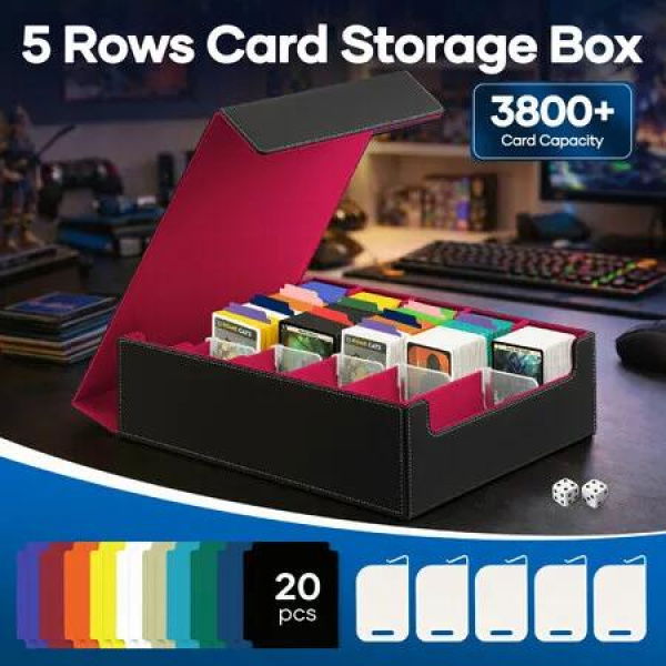 Card Storage Box 3800+ Magic MTG Commander Trading Cards TCG PTCG Game Sports YuGiOh Deck Case Display 20 Dividers 5 Rows Organiser Magnetic Leather