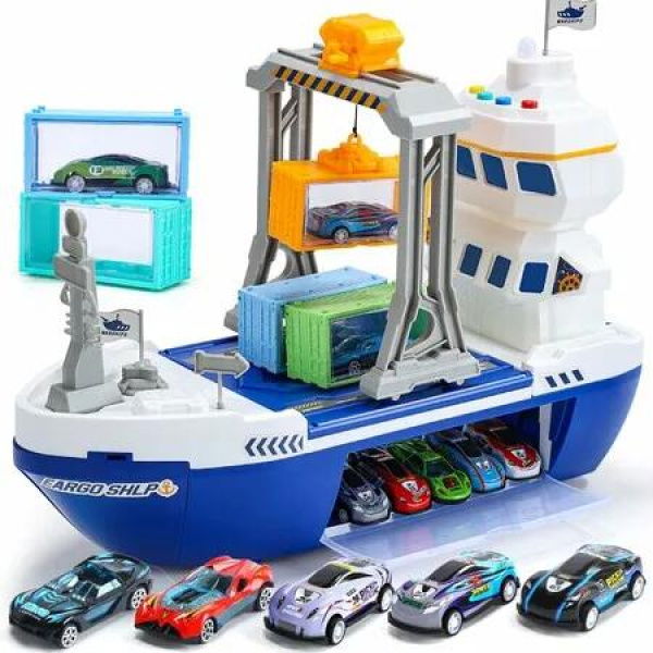 Cargo Ship Toy Gantry Crane Toy Boat and Crane Playset with Sounds Lights,Transport Containers Push and Go Vehicle Cars Kids Play Boats for Boys Girls