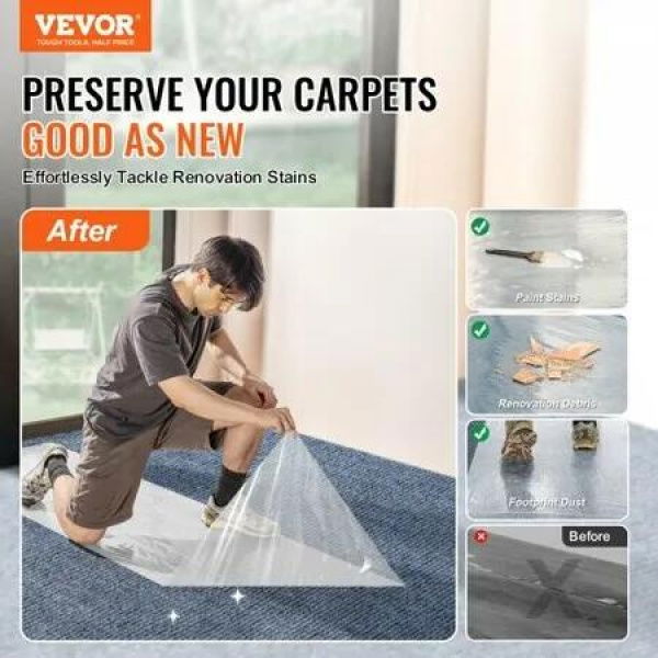 Carpet Protection Film 24'x100' Floor and Surface Shield with Self Adhesive Backing & Easy Installation Polyethylene Adhesive Car Mat Protection Film Roll