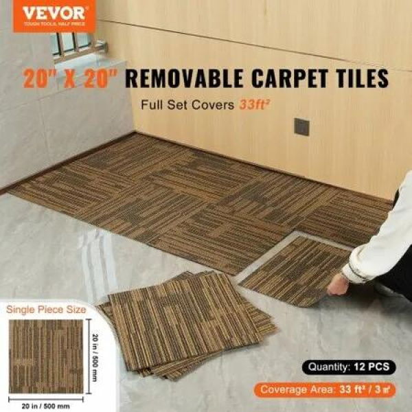 Carpet Tiles Reusable 20'x 20'Carpet Squares With Padding Attached Soft Padded Carpet Tiles Easy Install DIY for Bedroom Living Room (12Tiles Mixed Brown)