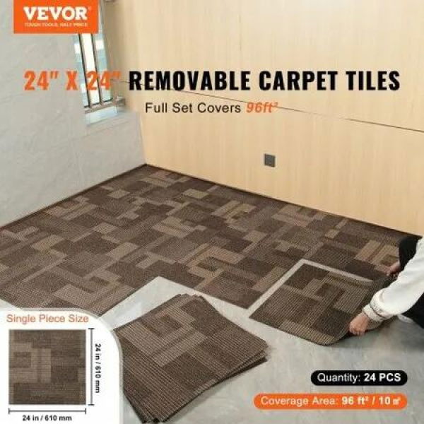 Carpet Tiles Reusable 24'x 24'Carpet Squares With Padding Attached Soft Padded Carpet Tiles Easy Install DIY for Bedroom Living Room (24Tiles Mixed Brown)