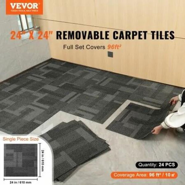 Carpet Tiles Reusable 24'x 24'Carpet Squares With Padding Attached Soft Padded Carpet Tiles Easy Install DIY for Bedroom Living Room (24Tiles Mixed Gray)