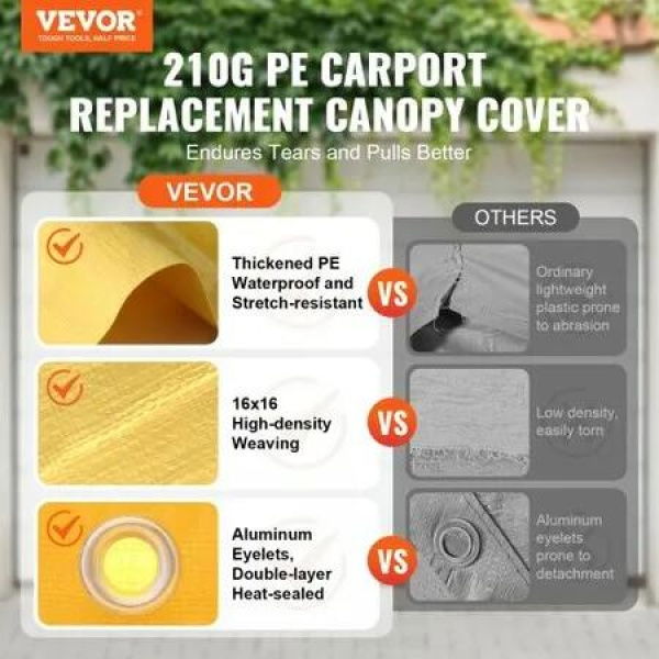 Carport Replacement Canopy Cover 10 x 20 ft, Garage Top Tent Shelter Tarp Heavy-Duty Waterproof & UV Protected, Easy Installation with Ball Bungees,Beige (Only Top Cover, Frame Not Include)