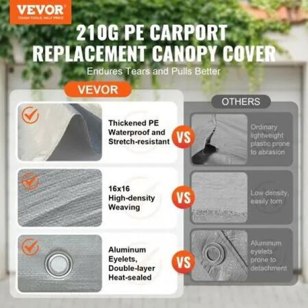 Carport Replacement Canopy Cover 10 x 20 ft, Garage Top Tent Shelter Tarp Heavy-Duty Waterproof & UV Protected, Easy Installation with Ball Bungees,Grey (Only Top Cover, Frame Not Include)