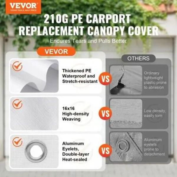 Carport Replacement Canopy Cover 10 x 20 ft, Garage Top Tent Shelter Tarp Heavy-Duty Waterproof & UV Protected, Easy Installation with Ball Bungees,White (Only Top Cover, Frame Not Include)