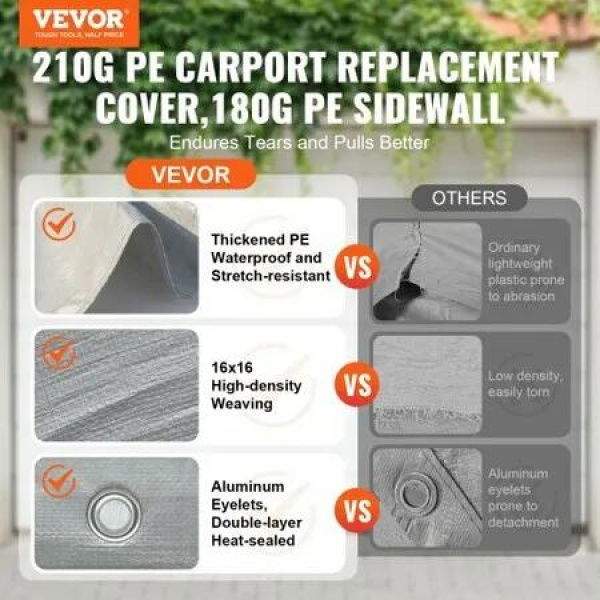 Carport Replacement Canopy Cover Top + Side Wall 10 x 20 ft, Garage Tent Shelter Tarp Heavy-Duty Waterproof & UV Protected, Easy Installation with Ball Bungees,White (Frame Not Included)