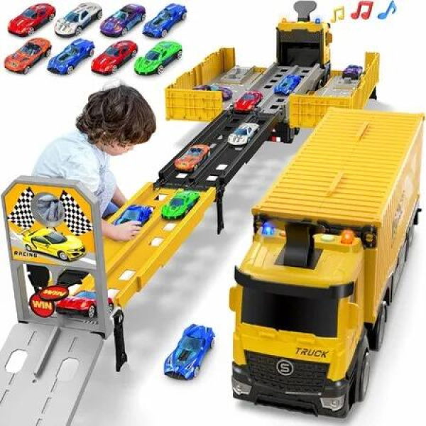 Carrier Truck Race Track Toddlers Toys,Foldable 3 Layer Car Race Track Playset,Toy Truck Transport Car Carrier & 8 Race Cars,Truck Car Kids Toys Xmas Gifts for Age 3+ Years Old Boys Girls (Yellow)