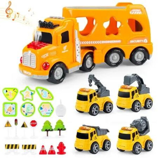Carrier Truck Set Construction Cars for Kids,Water Spray Construction Truck with Light and Sound,Little Crane,Mixer,Dump,Excavator Car for Boys Girls