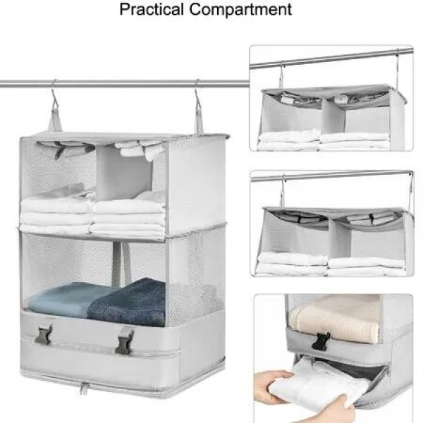 Carry on Closet Suitcase, Hanging Packing Cubes for Closet, Portable Hanging Travel Shelves Bags Organizer Collapsible Travel Closet with 2 Hooks