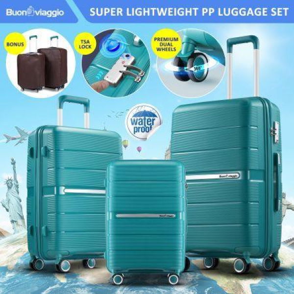 Carry On Luggage Set PP Travel Suitcase 3 PCS Hard Lightweight Rolling Aluminium Trolley Spinner Wheels TSA Lock Double Zipper Glossy Dark Green