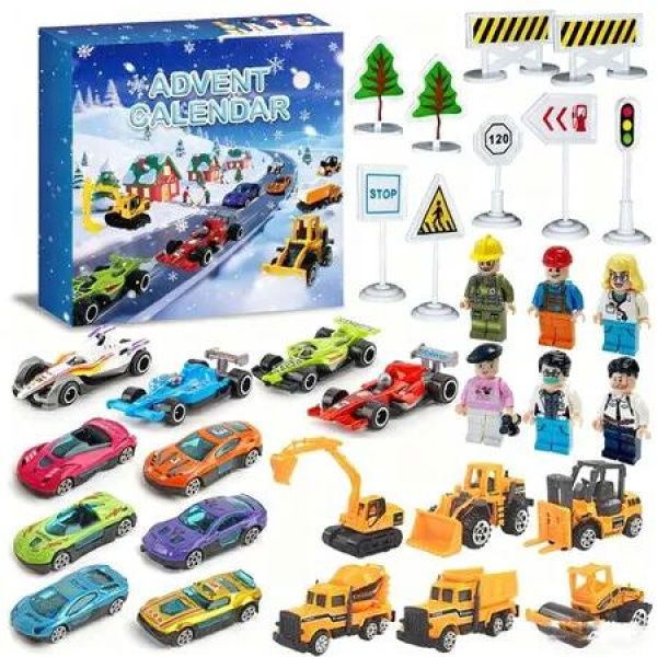 Cars Advent Calendar 2025 for Boys Girls, 24 Days Christmas Countdown Calendar with Alloy Racing Cars Engineering Vehicles and Mini Figures Road Signs