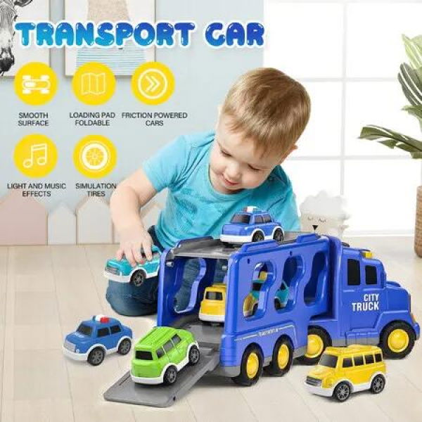 Cars Toys Carriers Trailer Transport Storage Truck Pull Back Steering Construction Bus Police Vehicle Model Friction Power with Light Sound Toddler Gift