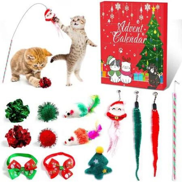 Cat Advent Calendar,24 Days Cat Toy Countdown Calendar Christmas Toys,Mice,Cat Feather Teaser and Ball Bells Xmas Gifts