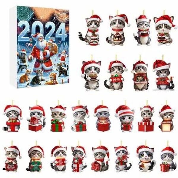 Cat Advent Calendars, Christmas Countdown Calendar with Cat Hanging Pendant Ornament, 24 Days 2D Acrylic Cute Kitten Christmas Tree Decoration
