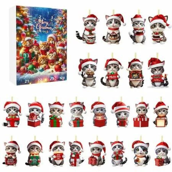 Cat Advent Calendars, Christmas Countdown Calendar with Cat Hanging Pendant Ornament, 24 Days 2D Acrylic Cute Kitten Christmas Tree Decoration