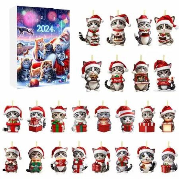 Cat Advent Calendars, Christmas Countdown Calendar with Cat Hanging Pendant Ornament, 24 Days 2D Acrylic Cute Kitten Christmas Tree Decoration