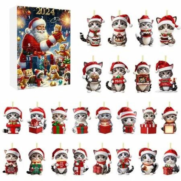Cat Advent Calendars, Christmas Countdown Calendar with Cat Hanging Pendant Ornament, 24 Days 2D Acrylic Cute Kitten Christmas Tree Decoration