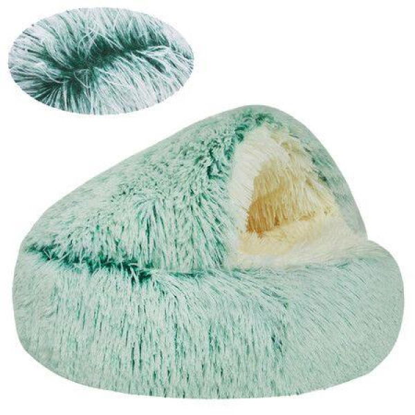 Cat Bed Winter Warm Shell Semi-Enclosed Cat Litter Pet Cat Bed Puppy Cat Soft Self-Warming Plush Bed For Pets (50cm Green)