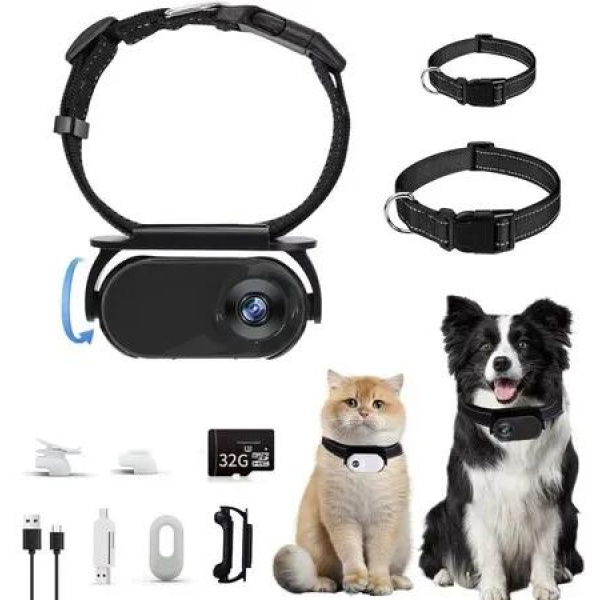 Cat Camera Collar,32GB Upgrade 360 Degree Rotating Dog Collar Camera 1080P HD,Video Records Indoor Outdoor Action DC for Pets-Black