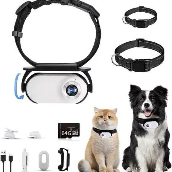 Cat Camera Collar,64GB Upgrade 360 Degree Rotating Dog Collar Camera 1080P HD,Video Records Indoor Outdoor Action DC for Pets-White
