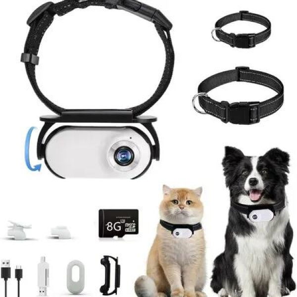 Cat Camera Collar,8GB Upgrade 360 Degree Rotating Dog Collar Camera 1080P HD,Video Records Indoor Outdoor Action DC-White
