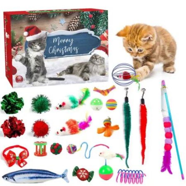 Cat Christmas Advent Calendar,24 Days Countdown Calendar with Assorted Interactive Cat Toys for Indoor Cats Pet Surprise Gifts