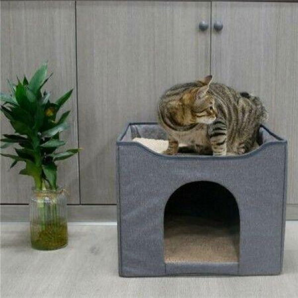 Cat House & Condo With Bed 2-in-1 Cat Hideaway Cube Foldable Cat Cardboard House Enclosed Cat Cave For Indoor Cats Cat Box For Indoor Cats Color: Grey.